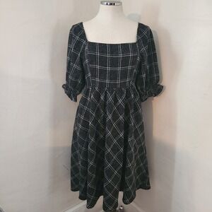 Calista Black White Plaid Square Neck Puff Sleeve Midi Dress Small